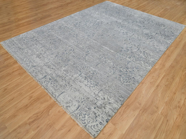 8'9" x 11'10" New Hand Knotted Grey Wool and Plant based Silk Rectangle Oriental Rug - MOA10290133