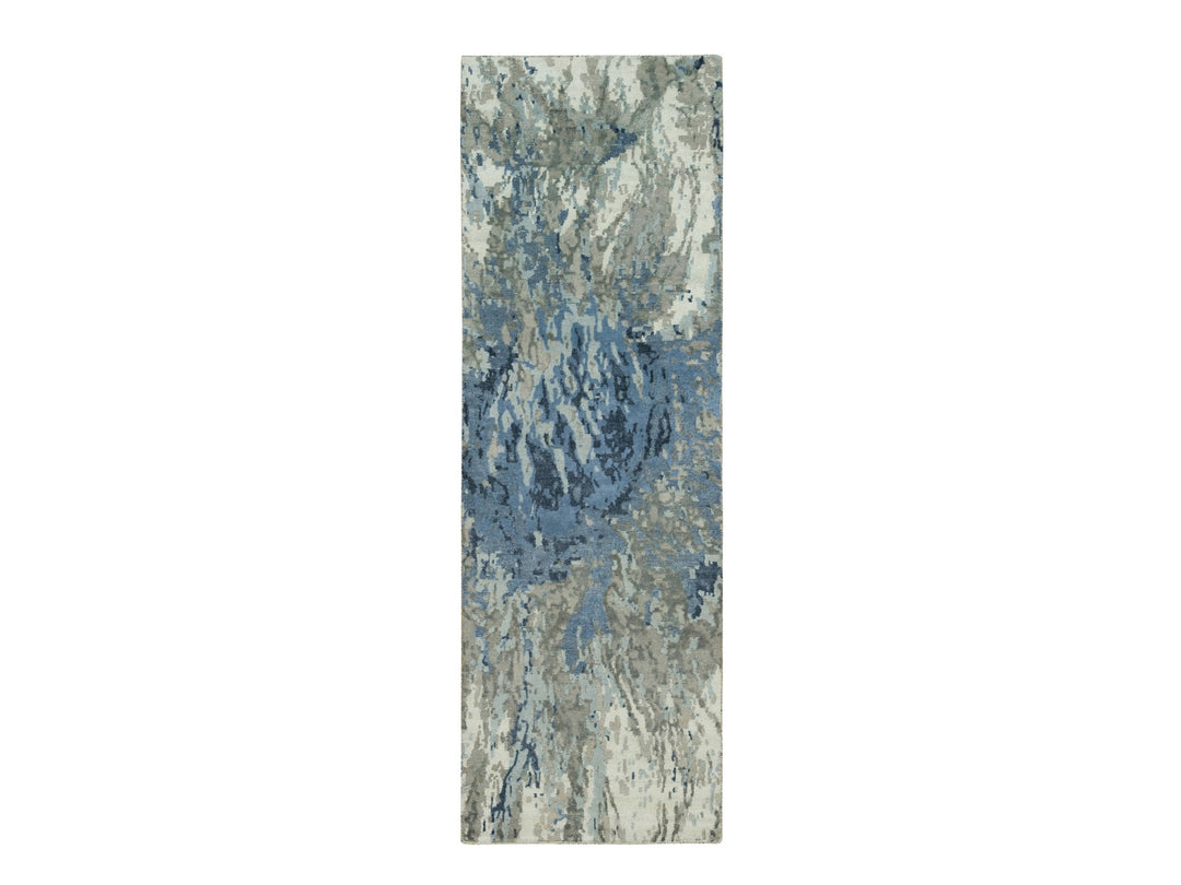 2'6" x 7'11" New Hand Knotted Blue Wool & Silk Runner Oriental Rug - MOA10290199
