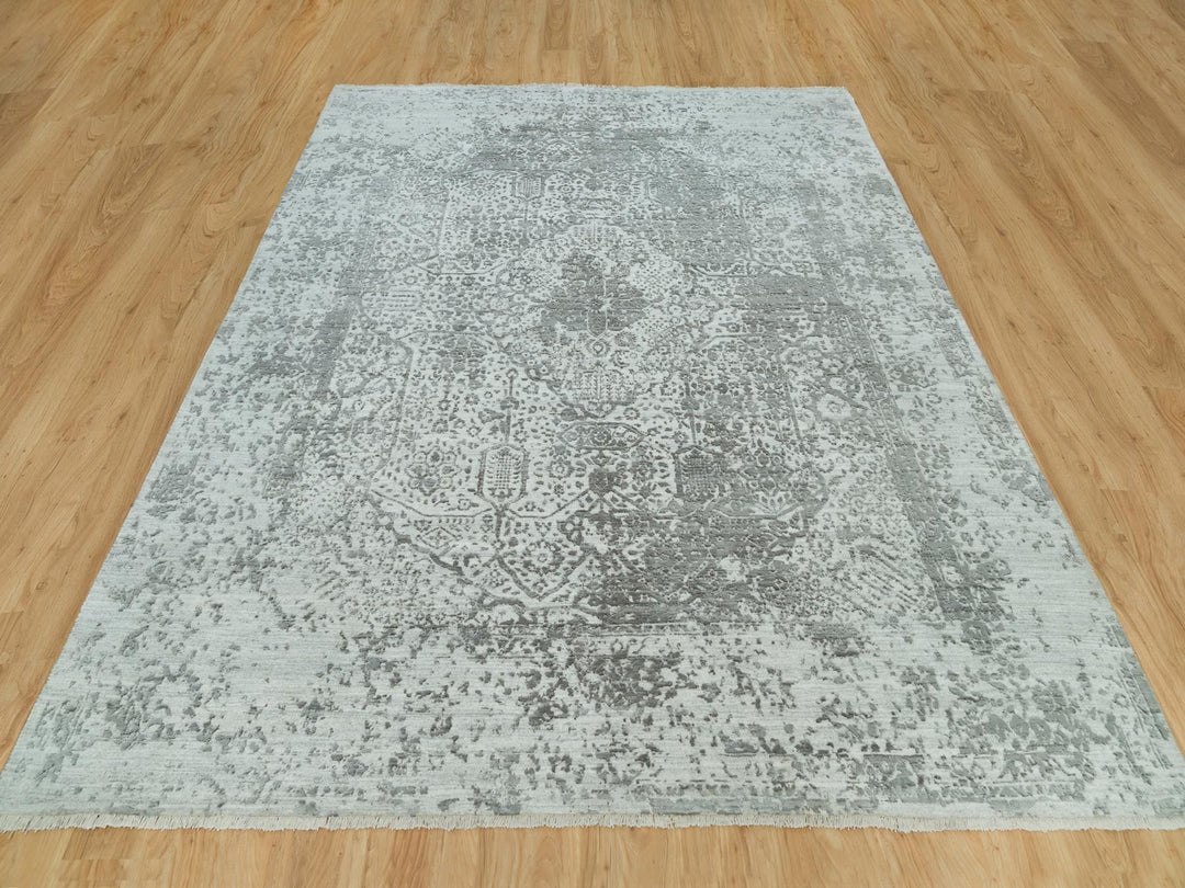 8'0" x 10'1" New Hand Knotted Grey Wool & Silk Rectangle Oriental Rug - MOA10290200