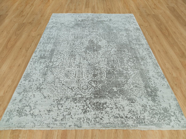 8'0" x 10'1" New Hand Knotted Grey Wool & Silk Rectangle Oriental Rug - MOA10290200