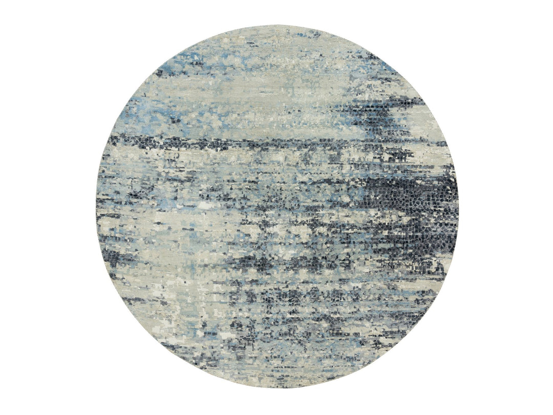 7'11" x 7'11" New Hand Knotted Grey Wool & Silk Round Oriental Rug - MOA10290210