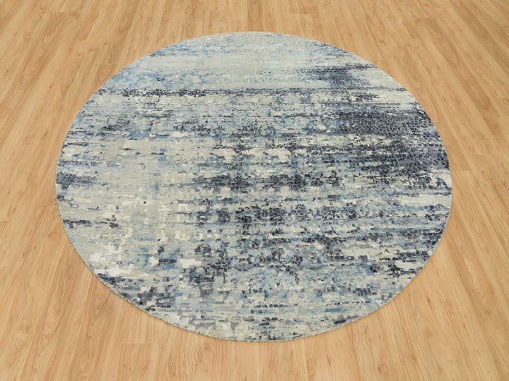 7'11" x 7'11" New Hand Knotted Grey Wool & Silk Round Oriental Rug - MOA10290210