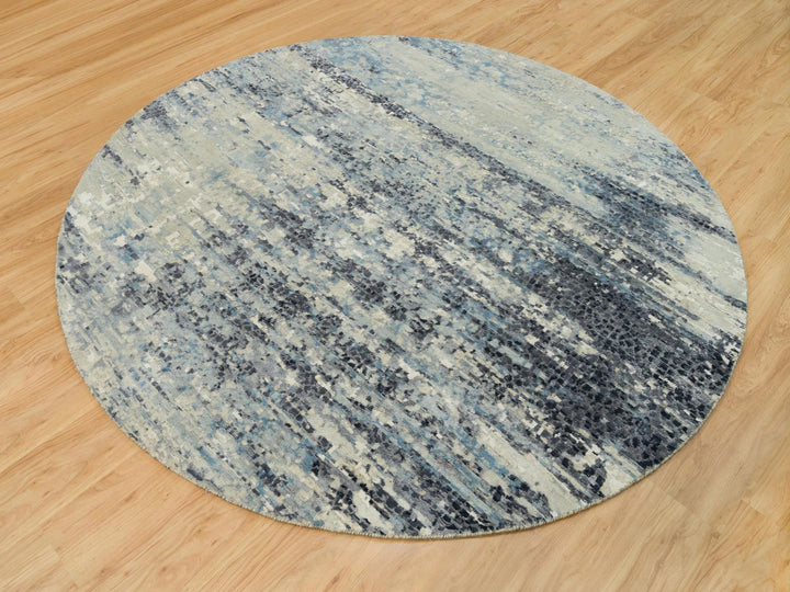 7'11" x 7'11" New Hand Knotted Grey Wool & Silk Round Oriental Rug - MOA10290210