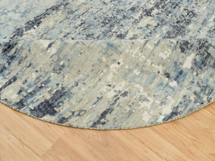 7'11" x 7'11" New Hand Knotted Grey Wool & Silk Round Oriental Rug - MOA10290210