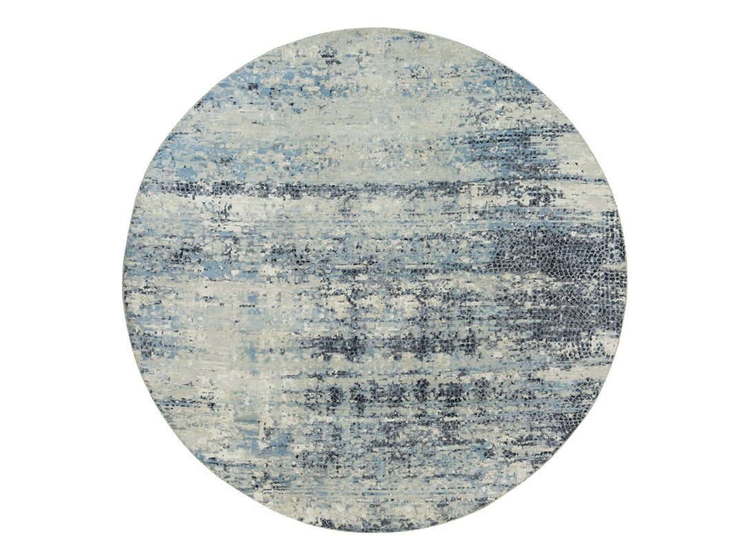 8'11" x 8'11" New Hand Knotted Grey Wool & Silk Round Oriental Rug - MOA10290212