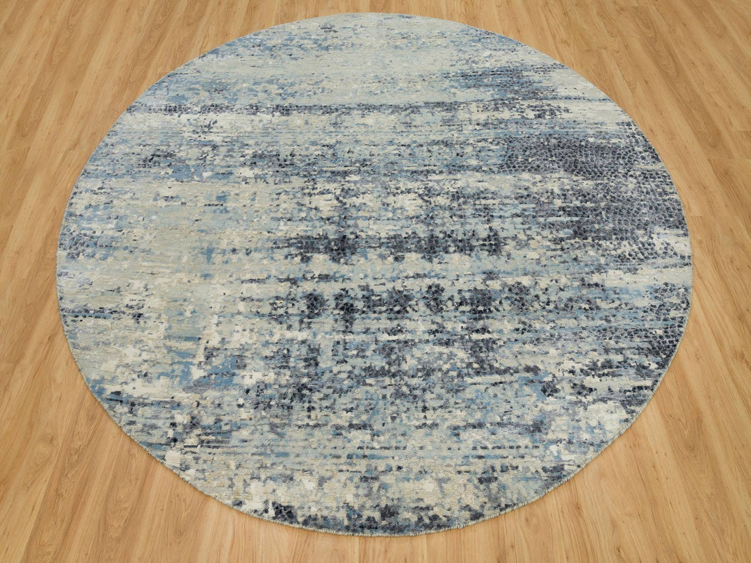 8'11" x 8'11" New Hand Knotted Grey Wool & Silk Round Oriental Rug - MOA10290212
