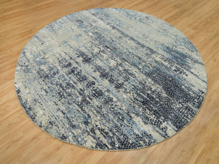 8'11" x 8'11" New Hand Knotted Grey Wool & Silk Round Oriental Rug - MOA10290212