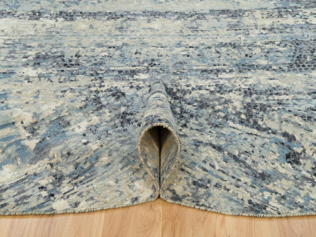 8'11" x 8'11" New Hand Knotted Grey Wool & Silk Round Oriental Rug - MOA10290212
