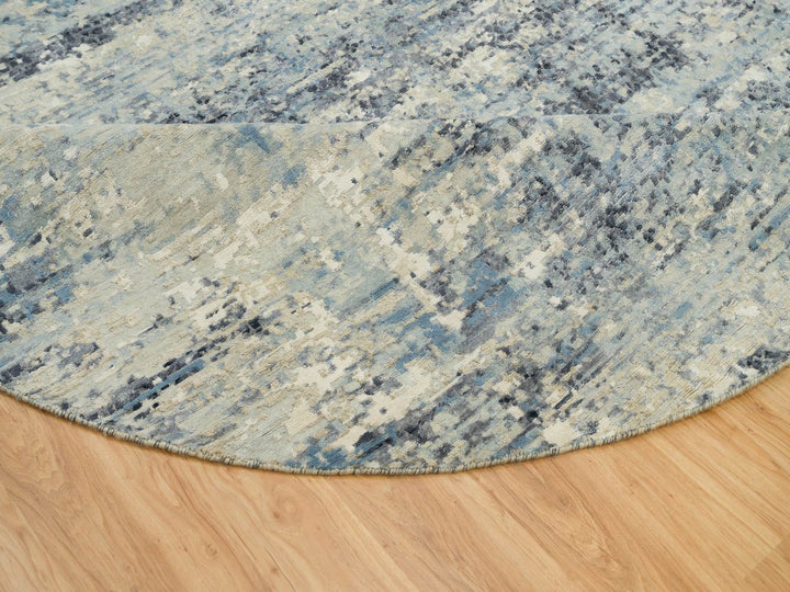 8'11" x 8'11" New Hand Knotted Grey Wool & Silk Round Oriental Rug - MOA10290212