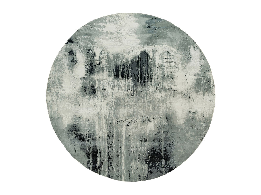 9'10" x 9'10" New Hand Knotted Black Wool & Silk Round Oriental Rug - MOA10290213