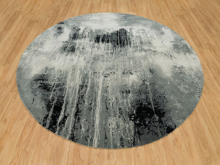 9'10" x 9'10" New Hand Knotted Black Wool & Silk Round Oriental Rug - MOA10290213