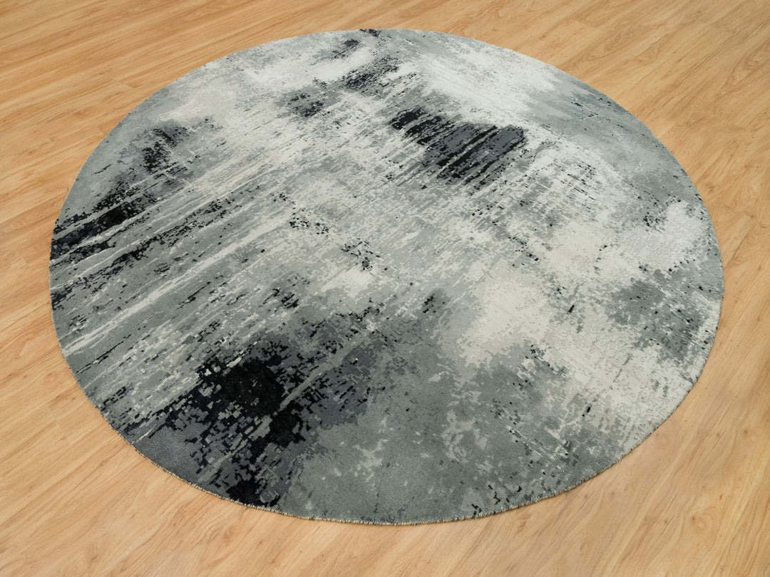 9'10" x 9'10" New Hand Knotted Black Wool & Silk Round Oriental Rug - MOA10290213