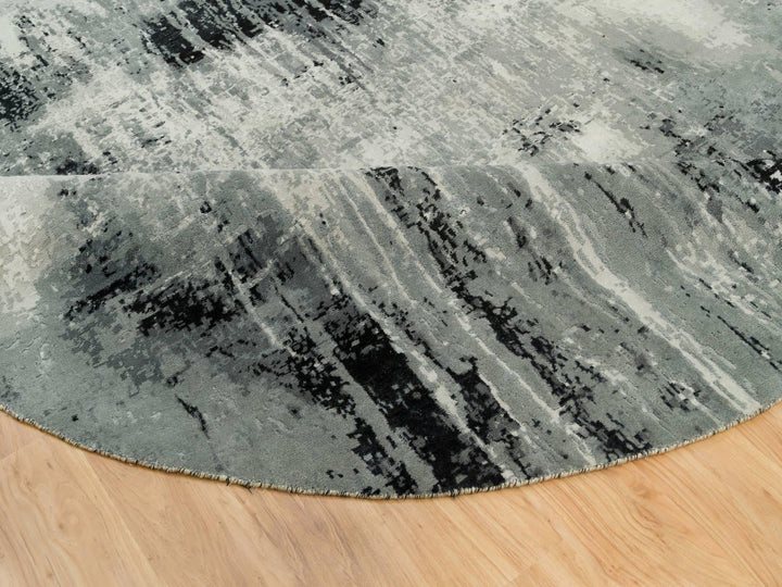 9'10" x 9'10" New Hand Knotted Black Wool & Silk Round Oriental Rug - MOA10290213