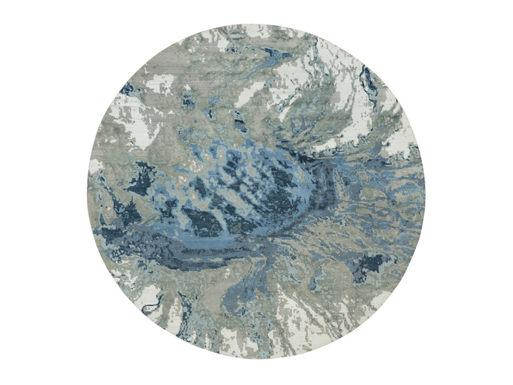 11'10" x 11'10" New Hand Knotted Blue Wool & Silk Round Oriental Rug - MOA10290214
