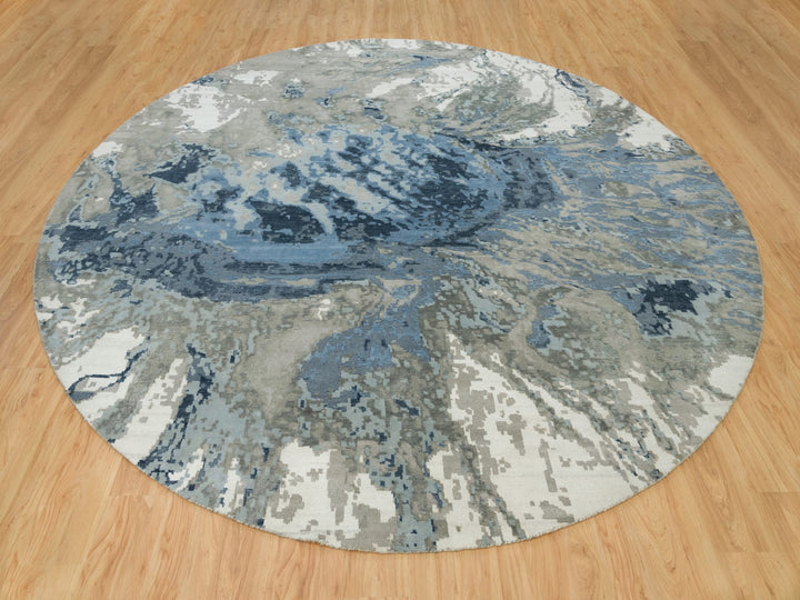 11'10" x 11'10" New Hand Knotted Blue Wool & Silk Round Oriental Rug - MOA10290214