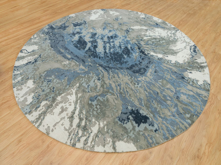 11'10" x 11'10" New Hand Knotted Blue Wool & Silk Round Oriental Rug - MOA10290214