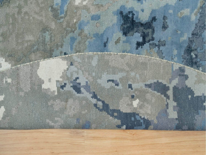 11'10" x 11'10" New Hand Knotted Blue Wool & Silk Round Oriental Rug - MOA10290214