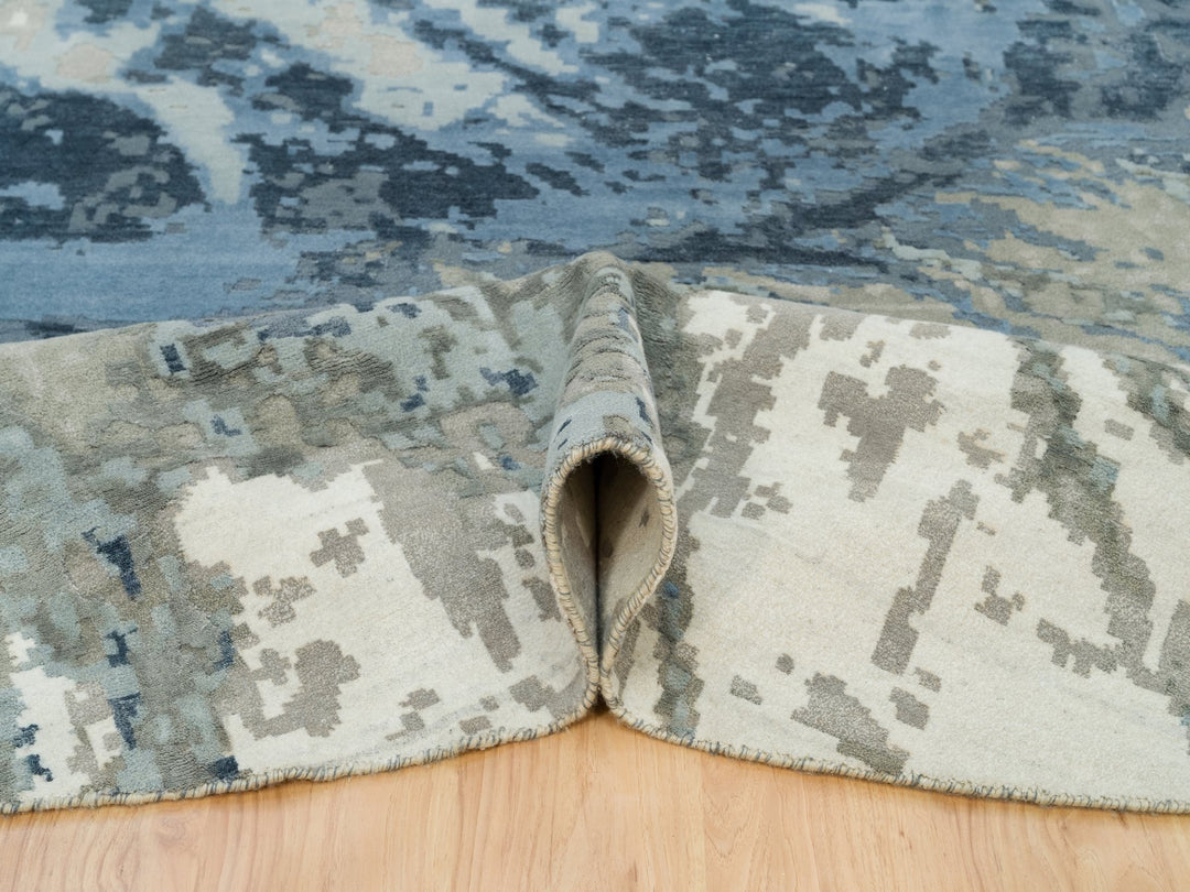 11'10" x 11'10" New Hand Knotted Blue Wool & Silk Round Oriental Rug - MOA10290214