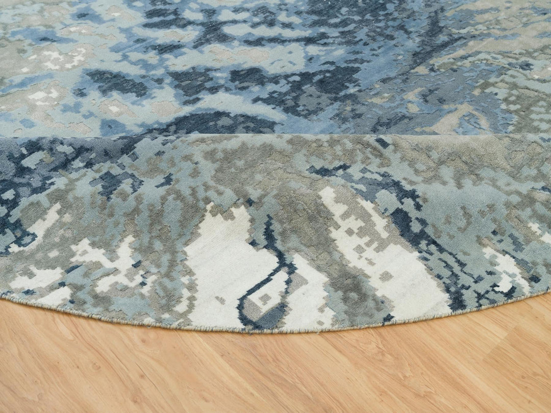 11'10" x 11'10" New Hand Knotted Blue Wool & Silk Round Oriental Rug - MOA10290214