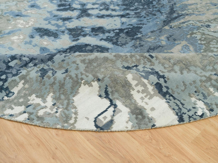 11'10" x 11'10" New Hand Knotted Blue Wool & Silk Round Oriental Rug - MOA10290214