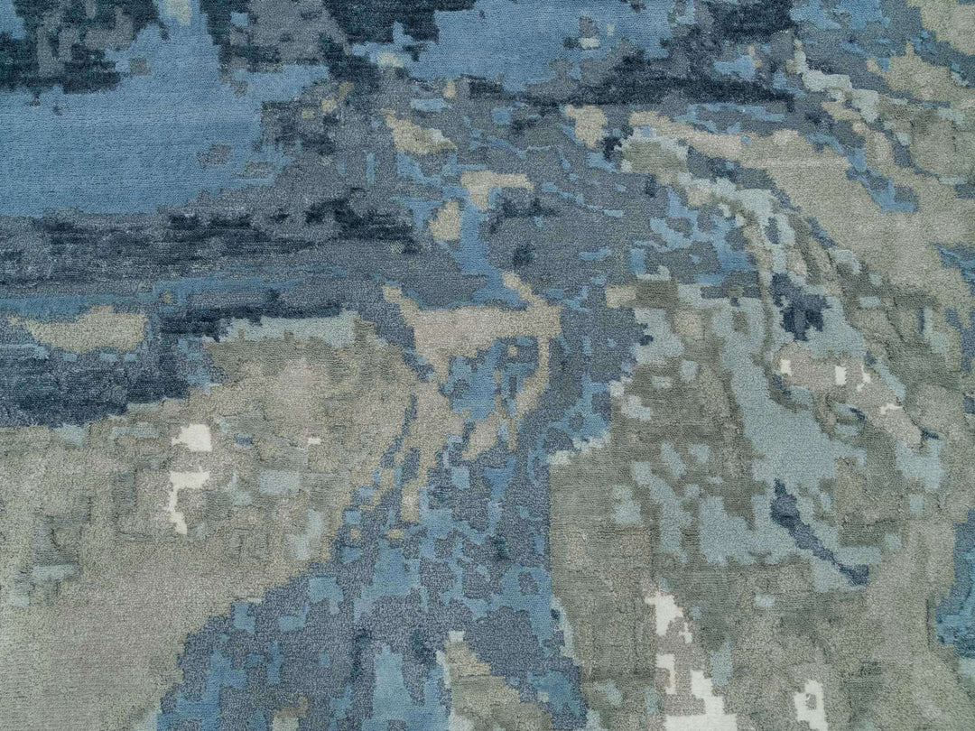 11'10" x 11'10" New Hand Knotted Blue Wool & Silk Round Oriental Rug - MOA10290214
