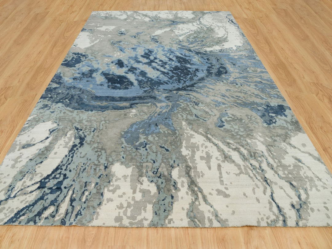 9'11" x 14'1" New Hand Knotted Blue Wool & Silk Rectangle Oriental Rug - MOA10290218