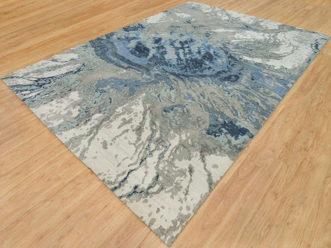 9'11" x 14'1" New Hand Knotted Blue Wool & Silk Rectangle Oriental Rug - MOA10290218