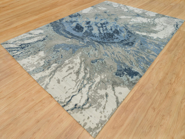 9'11" x 14'1" New Hand Knotted Blue Wool & Silk Rectangle Oriental Rug - MOA10290218