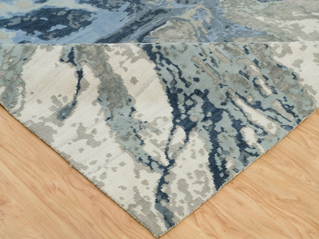 9'11" x 14'1" New Hand Knotted Blue Wool & Silk Rectangle Oriental Rug - MOA10290218