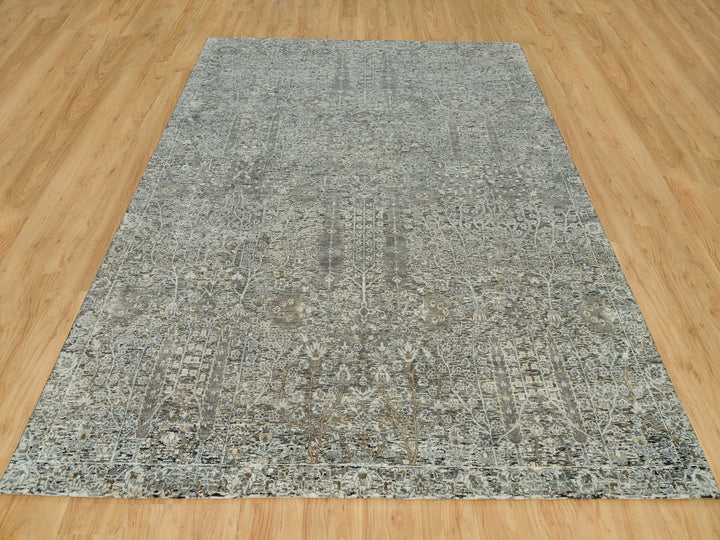 8'1" x 10'1" New Hand Knotted Grey Wool & Silk Rectangle Oriental Rug - MOA10290219