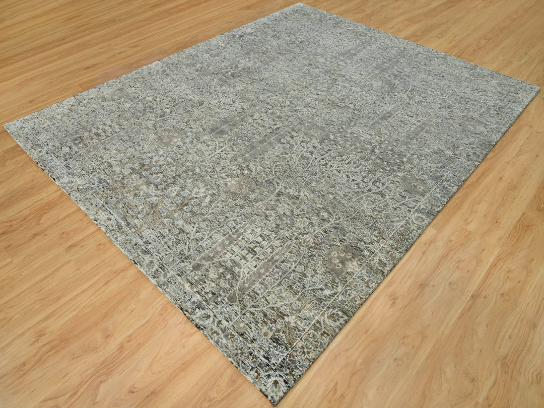 8'1" x 10'1" New Hand Knotted Grey Wool & Silk Rectangle Oriental Rug - MOA10290219