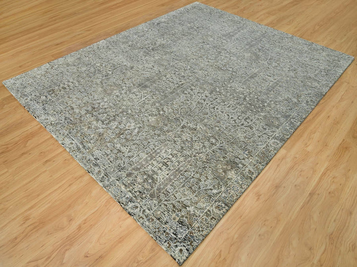 8'1" x 10'1" New Hand Knotted Grey Wool & Silk Rectangle Oriental Rug - MOA10290219