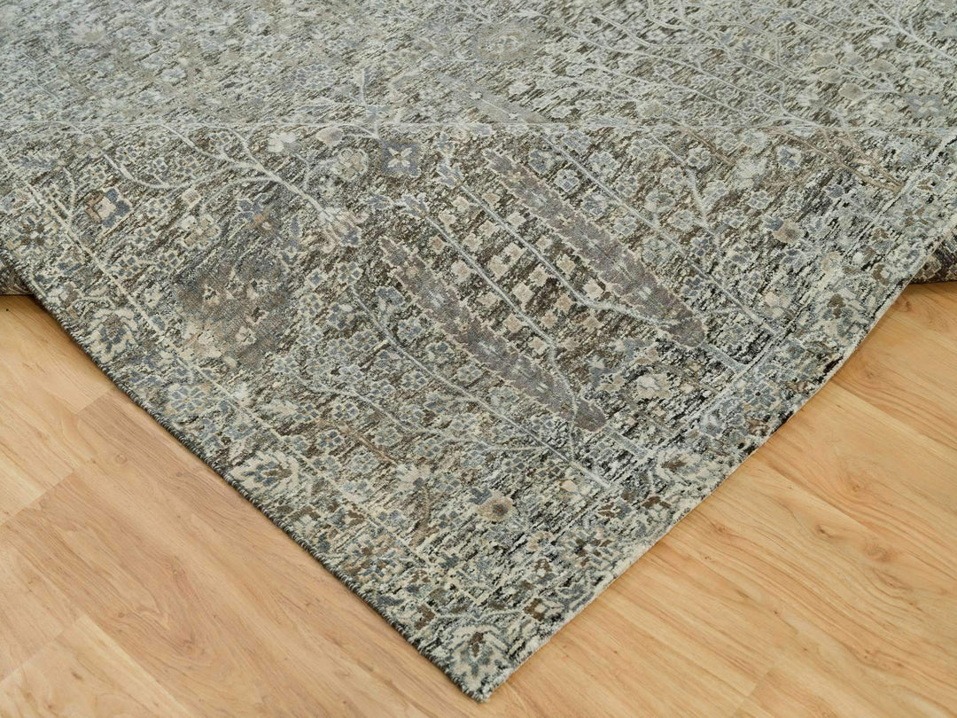 8'1" x 10'1" New Hand Knotted Grey Wool & Silk Rectangle Oriental Rug - MOA10290219