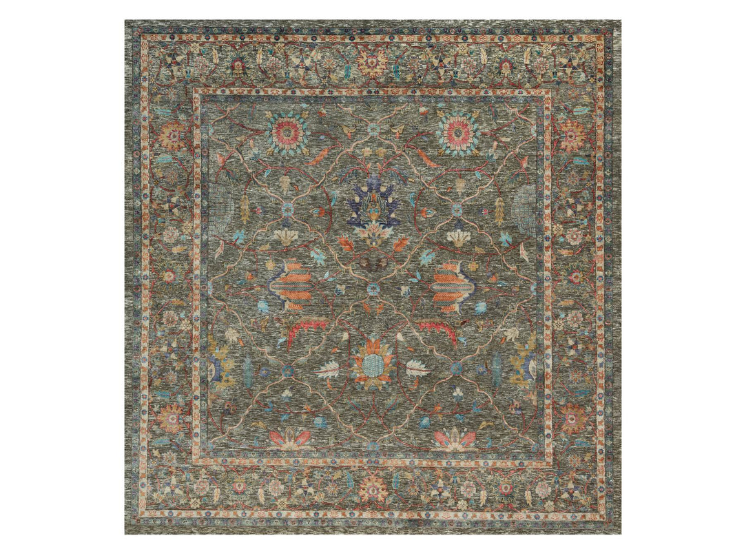 9'7" x 9'11" New Hand Knotted Brown Wool & Silk Square Oriental Rug - MOA10290221