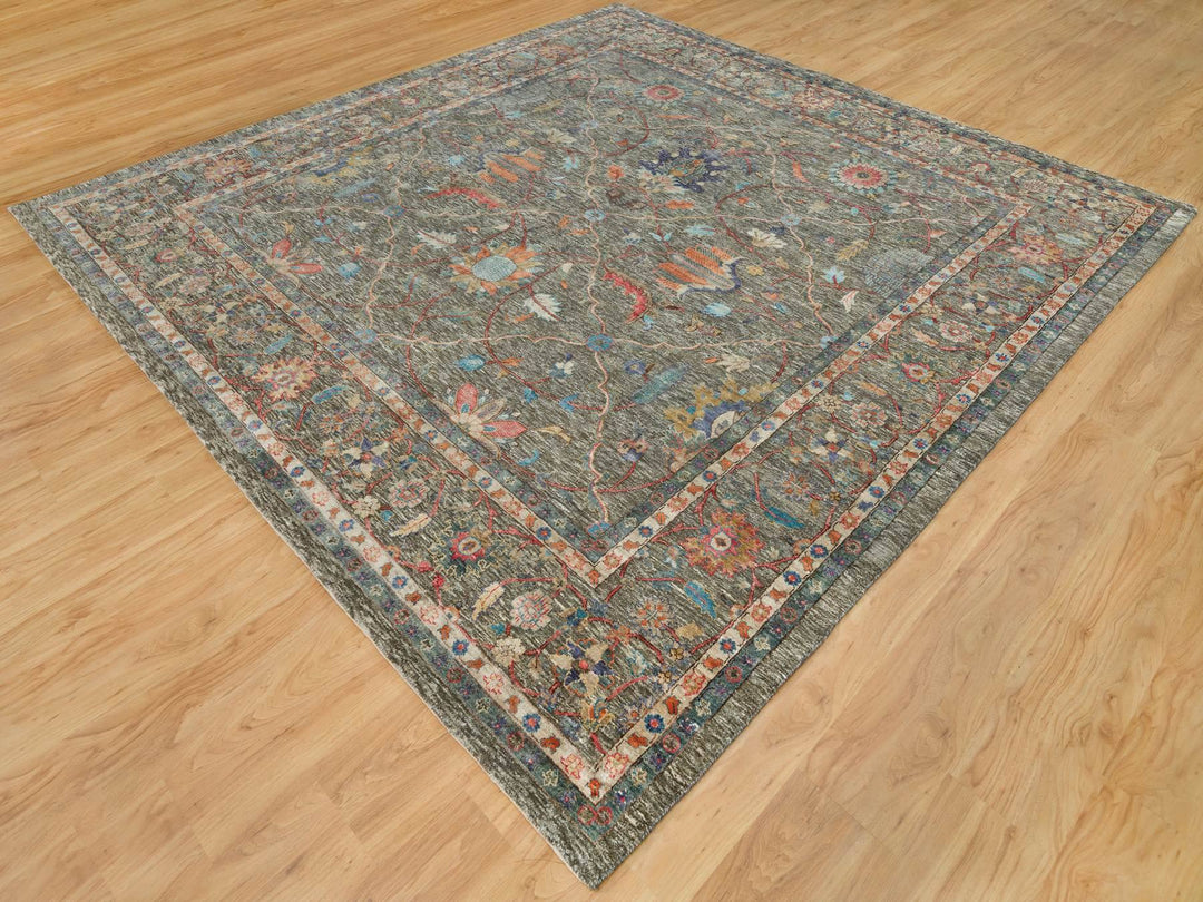 9'7" x 9'11" New Hand Knotted Brown Wool & Silk Square Oriental Rug - MOA10290221
