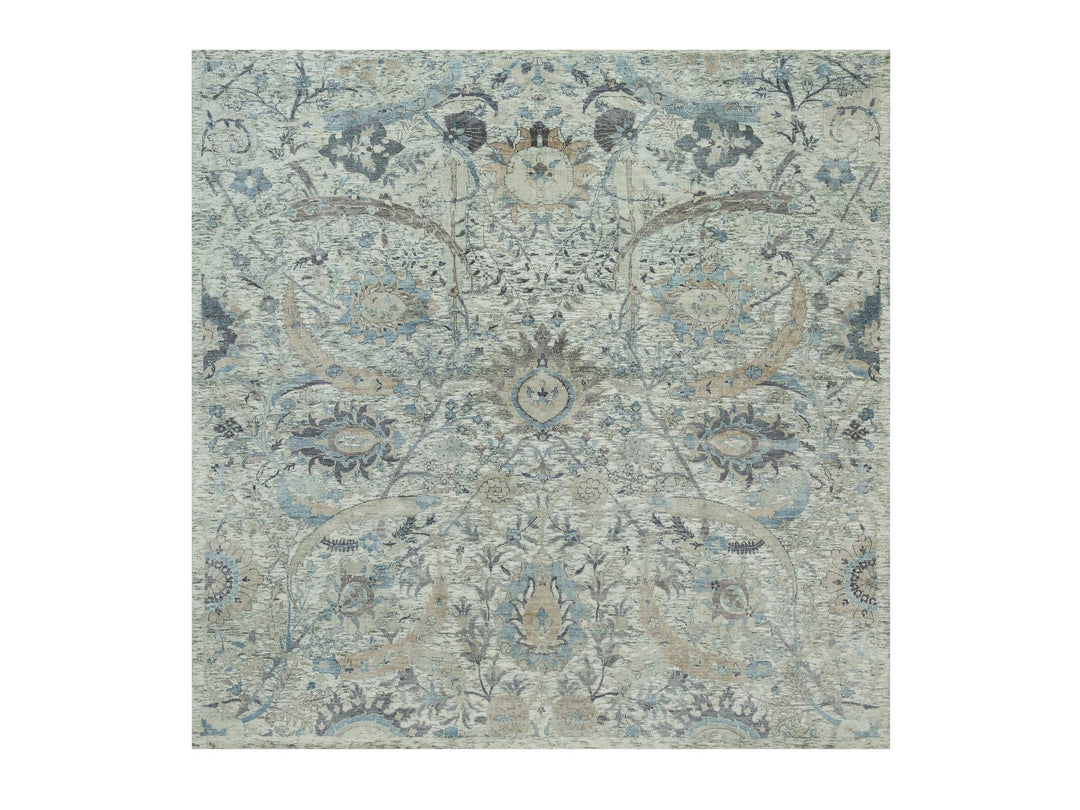 8'1" x 8'1" New Hand Knotted Ivory Wool & Silk Square Oriental Rug - MOA10290226