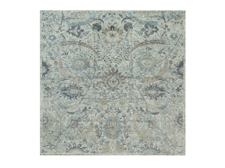 8'1" x 8'1" New Hand Knotted Ivory Wool & Silk Square Oriental Rug - MOA10290226