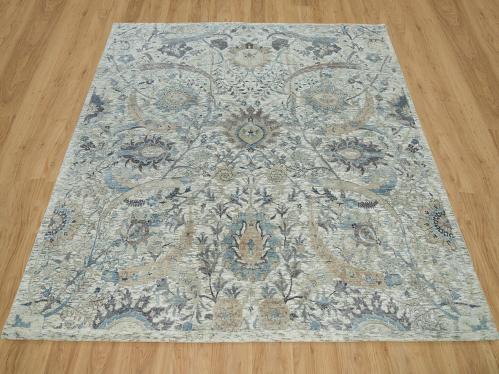 8'1" x 8'1" New Hand Knotted Ivory Wool & Silk Square Oriental Rug - MOA10290226