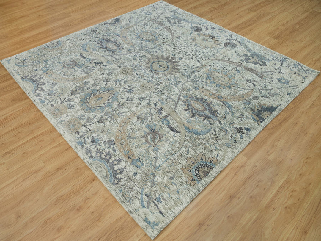 8'1" x 8'1" New Hand Knotted Ivory Wool & Silk Square Oriental Rug - MOA10290226