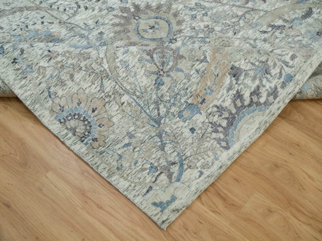 8'1" x 8'1" New Hand Knotted Ivory Wool & Silk Square Oriental Rug - MOA10290226