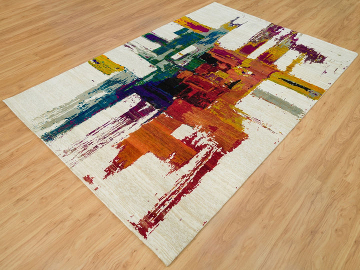 6'1" x 9'0" New Hand Knotted Multicolored Wool & Silk Rectangle Oriental Rug - MOA10290234
