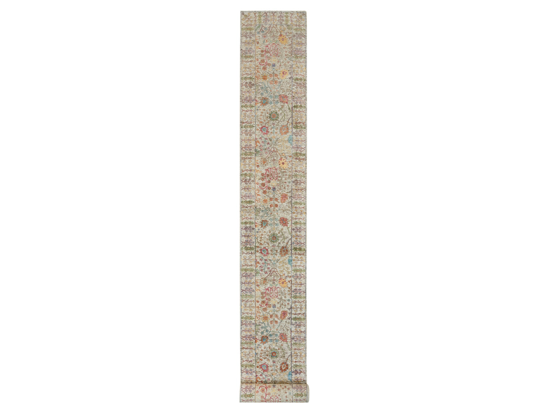 2'6" x 25'10" New Hand Knotted Beige Wool & Silk Runner Oriental Rug - MOA10290237