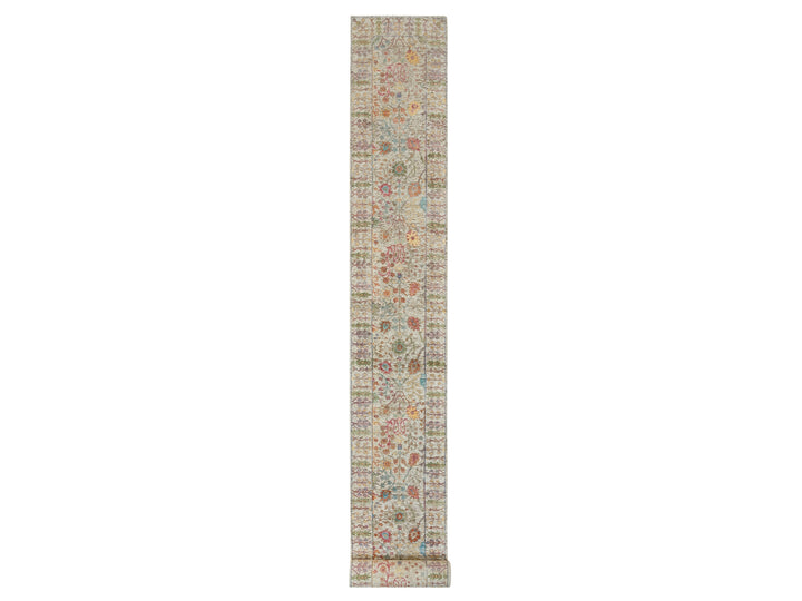2'6" x 25'10" New Hand Knotted Beige Wool & Silk Runner Oriental Rug - MOA10290237