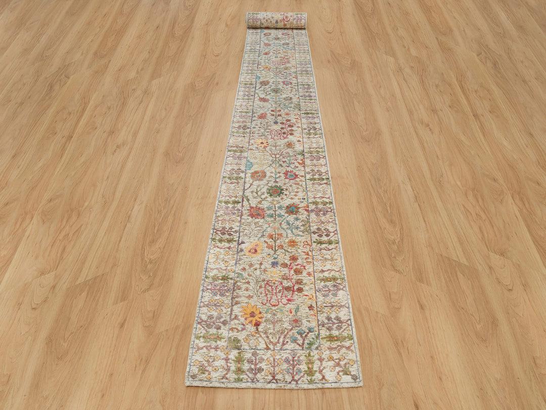 2'6" x 25'10" New Hand Knotted Beige Wool & Silk Runner Oriental Rug - MOA10290237