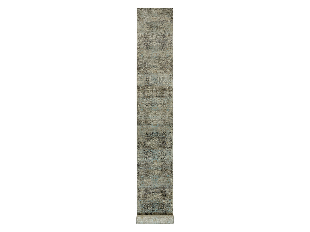 2'8" x 23'10" New Hand Knotted Grey Wool & Silk Runner Oriental Rug - MOA10290239