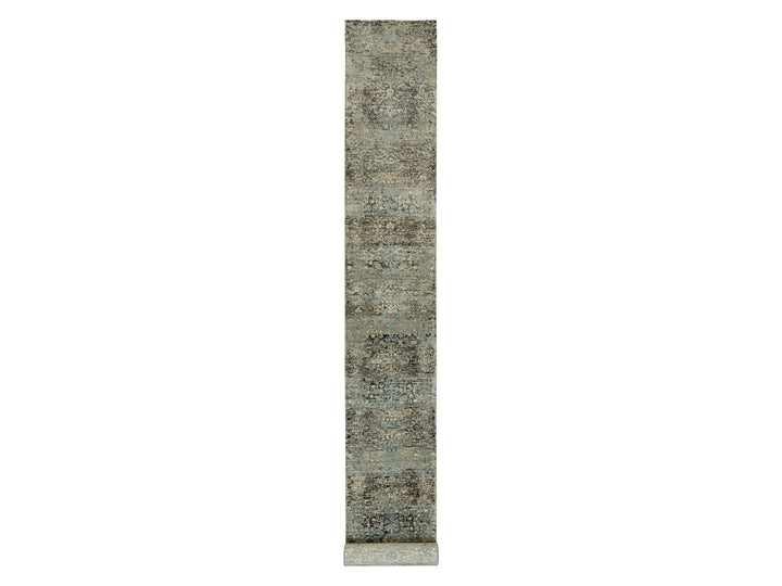 2'8" x 23'10" New Hand Knotted Grey Wool & Silk Runner Oriental Rug - MOA10290239