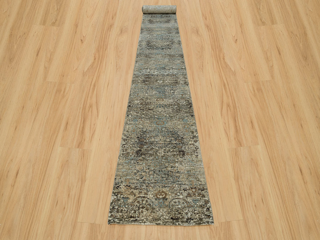 2'8" x 23'10" New Hand Knotted Grey Wool & Silk Runner Oriental Rug - MOA10290239