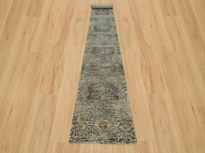 2'8" x 23'10" New Hand Knotted Grey Wool & Silk Runner Oriental Rug - MOA10290239