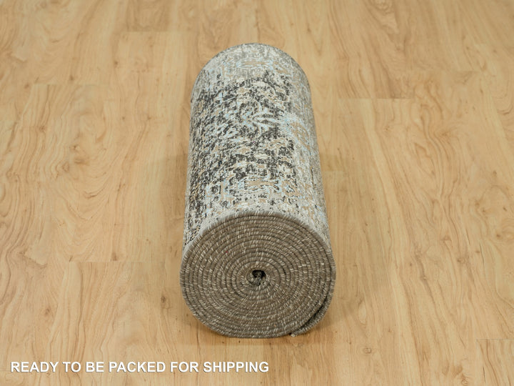 2'8" x 23'10" New Hand Knotted Grey Wool & Silk Runner Oriental Rug - MOA10290239