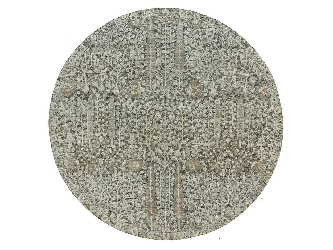 7'11" x 7'11" New Hand Knotted Grey Wool & Silk Round Oriental Rug - MOA10290246